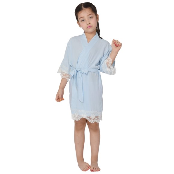 Mr &Mrs Right Child Cotton Kimono Robes Flower Girl Bathrobes with Lace Trim-Light Blue Age 8