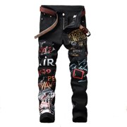 Ediodpoh Men's Jeans Slim Fit Ripped Stretch Denim Pants with Style Ink Sprays and Streetwear Mens Pants Black 38
