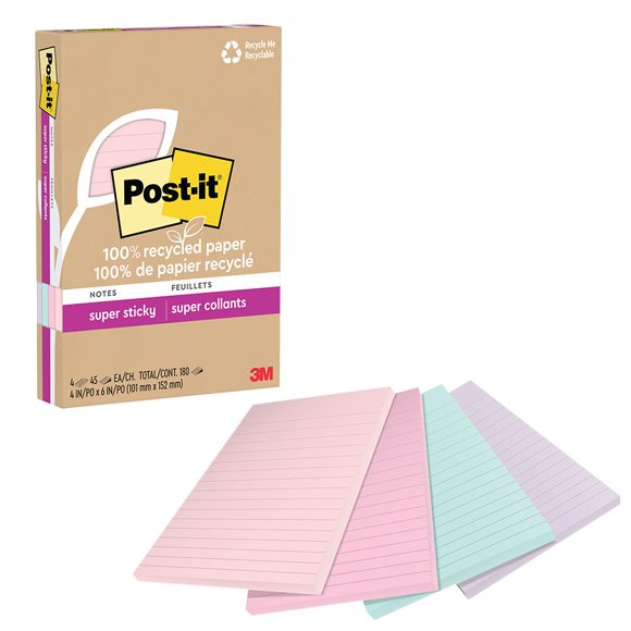 Feuillets super collants 4621R-4SSNRP Post-it® entièrement faits de papier recyclé, collection La vie en pastel, 4 po x 6 po, 4 blocs/paquet, 45 feuillets/bloc