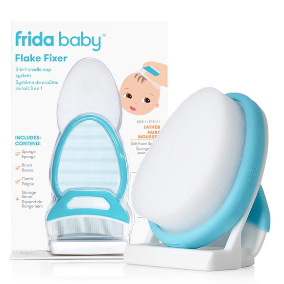 Frida Baby - DermaFrida - le Flakefixer - Système de capuchon de berceau en 3 étapes, éponge pour bébé, brosse, peigne et support de rangement