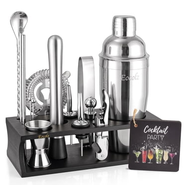 Cocktail Shaker Set Mixology Bartender Kit 17-Piece Bar Tool Set with Bamboo Stand, Bar kit Drink Mixer Set: Matini Shaker Mixing Spoon Muddler Jigger Cocksrew for Barware Set Gift Idea | Black Silver