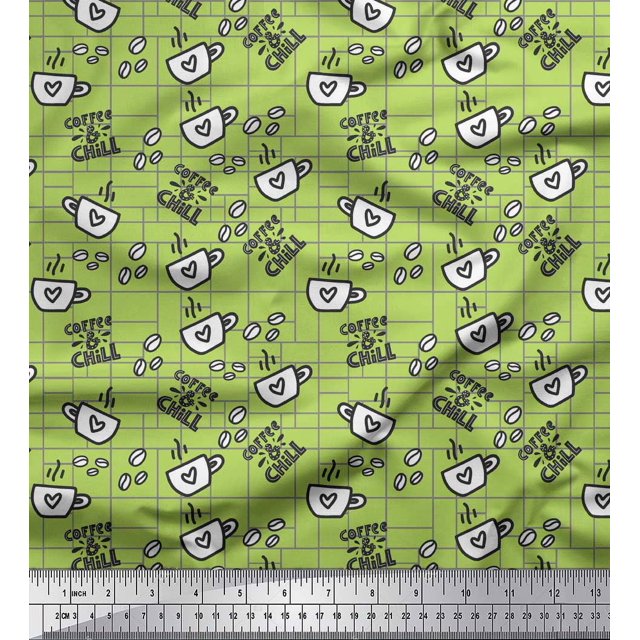 Soimoi Green polyester Crepe Fabric Coffee & CHill Text Printed Fabric 1 Yard 52 Inch Wide