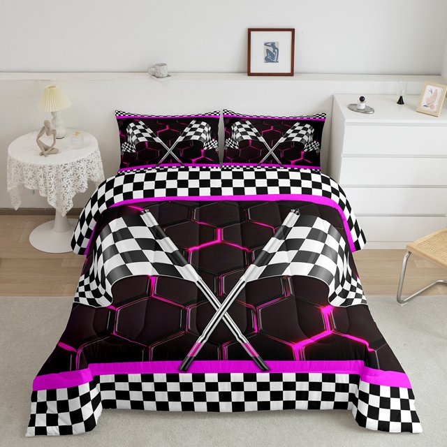 Erosebridal Racing Car Bedding Full Comforter Set, Checkered Flag Down Comforter, Honeycomb Geometric Decor, Breathable 3pcs