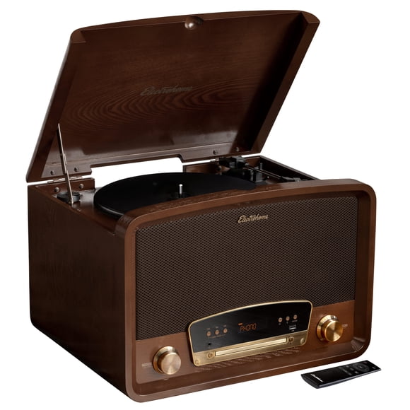 Electrohome Kingston 7-in-1 Vintage Vinyl Record Player Stereo System with 3-Speed Turntable, Bluetooth, AM/FM Radio, CD, Aux In, RCA/Headphone Out, Vinyl/CD to MP3 Recording & USB Playback (RR75)