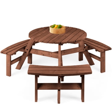 Best Choice Products Table de Pique-Nique Circulaire d'Extérieur en Bois pour 6 Personnes avec 3 Bancs Intégrés, Capacité de 500 Lb, Brun Noyer