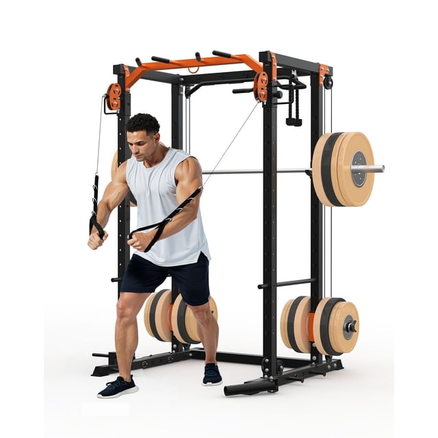 Power Cage Squat Rack with Cable Crossover System – 2000LBS Capacity, LAT Pull-Down & Pulley System, 84''H x 48''W x 72''L, Orange & Black Home Gym Equipment for Strength Training (1-Piece)