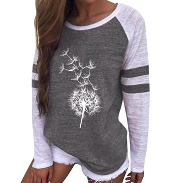 CEHVOM Fashion Women Casual O- Neck Splicing Print Long-sleeved T-shirt