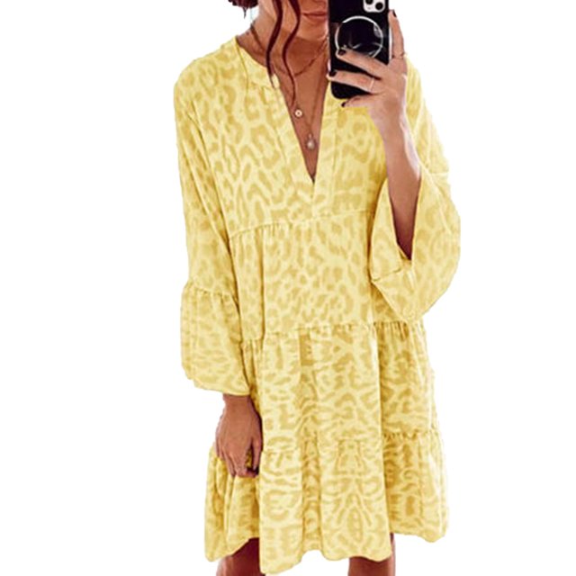 U.Vomade Nouvelle Robe Mini Ample Léopard Femme Décontractée Rose Col en V Manches à Volants Jupe Chemise de Fête Femme Plage Robe Bohème