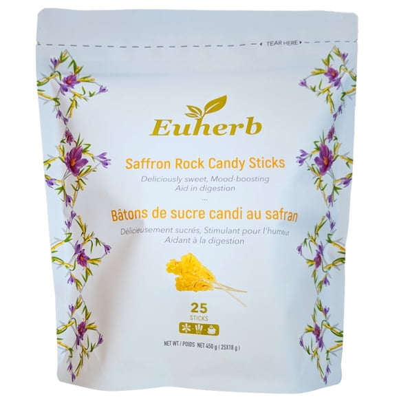 Euherb Bâtonnets de Bonbons à la Roche au Safran, Faits à la Main, Sucrés, Bâtonnets, Infusés au Safran, Lot de 25