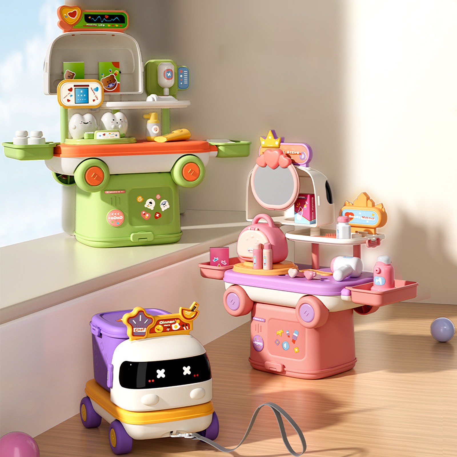 Viflosae Boys Play Sets Play Food Sets for Kids Kitchen Small Car Family Cute and Funs Multifunctional Kitchen Medicals Makeup Storage Box Puzzle Interactive Children's Toys