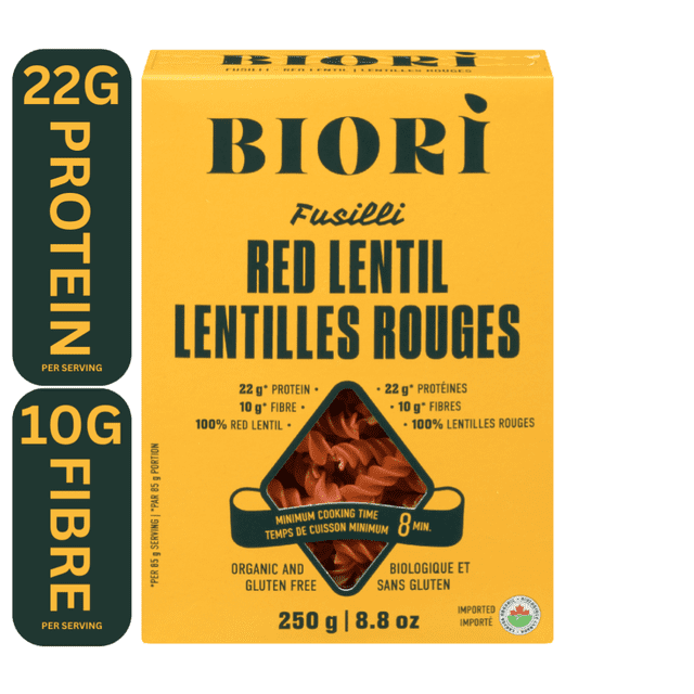 Biori Pâtes 100 % Biologiques Sans Gluten Fusilli de Lentilles Rouges 250 g Boîte Jaune avec Fenêtre Montrant Pâtes en Spirale de Lentilles Rouges, Comprenant 22 g de Protéines et 10 g de Fibres par Portion, Sans Gluten, Biologiques, non-OGM, Fabriquées en Italie, Cuit en 8 minutes, Idéal pour Diverses sauces.