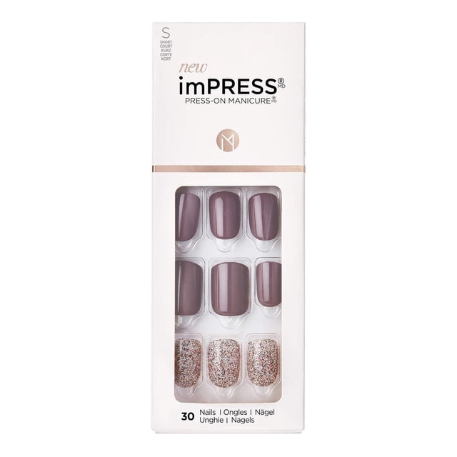 KISS ImPRESS Press-On - Fake Nails, 30 Count, Short in white packaging showing short, glossy mauve nails with three glitter accent nails, featuring Purefit technology for a natural, glue-free, chip-proof manicure ideal for quick application.