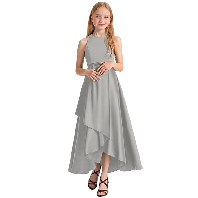 Robe Enfant Fille Robes Formelles Fête Robe Récital Performance Concours Élégante Sans Manches Filles Robe de Collation des Grades Grise 7 Ans-8 Ans
