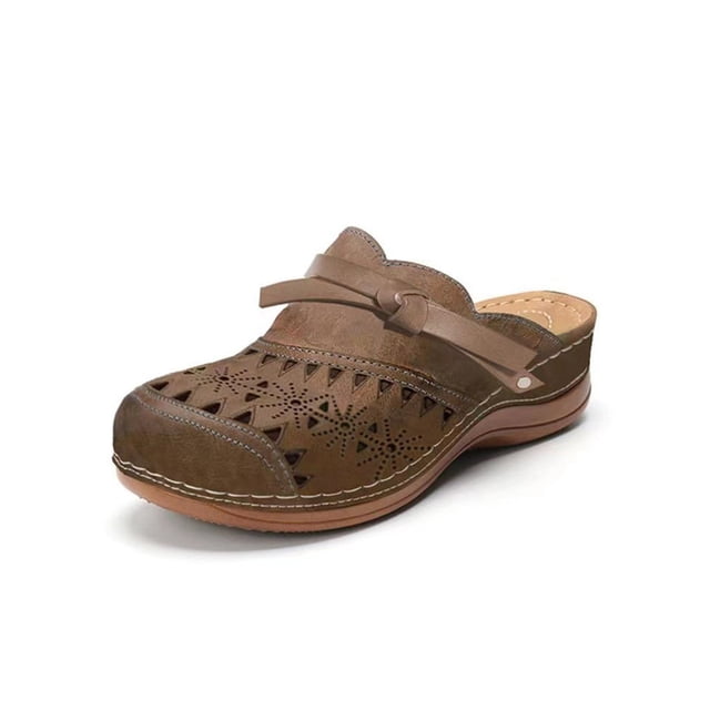 LUXUR Ladies Shoes Slip On Slippers Platform & Wedge Sandals in dark brown, size 9. These women's wedge sandals feature a perforated PU leather upper with a solid color pattern, open toe design, and low-top tube height. The slip-on style offers convenience, while the platform sole with arch support ensures comfort and stability. The PU outsole is non-slip and wear-resistant, making these sandals suitable for casual, vacation, or daily wear. Ideal for pairing with jeans, skirts, or dresses.