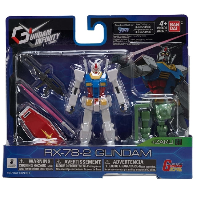 Gundam Infinity Figurine Articulée de 4 Pouces BAF MS-06F Zaku - RX-78-2 Gundam en Emballage. la Figurine RX-78-2 Gundam Présente un design Complexe avec des accents Blancs, Bleus, Rouges et Jaunes, Plus de 14 points d'Articulation, et Comprend des Accessoires Tels Qu'un Sabre à Faisceau, un Fusil à Faisceau, un Bouclier et des Pièces de Construction de Figurine pour la Combinaison Mobile MS-06F Zaku. Idéale pour la Personnalisation de la Figurine