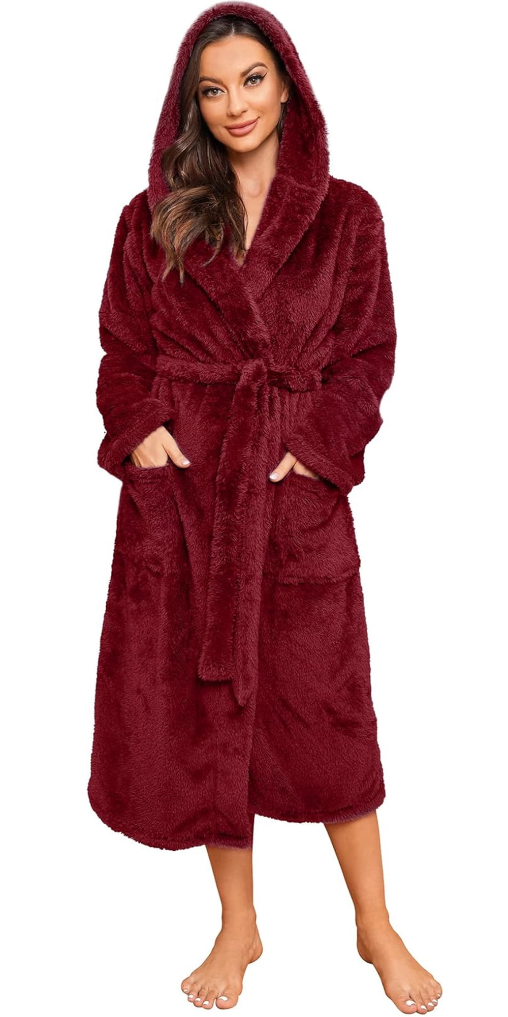 HEARTNICE Womens Hooded Fleece Robe, Long Fluffy Thick Warm Plush Bathrobe,(Dark Purple,L-XL)