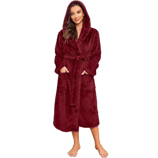 HEARTNICE Womens Hooded Fleece Robe, Long Fluffy Thick Warm Plush Bathrobe,(Dark Purple,L-XL)