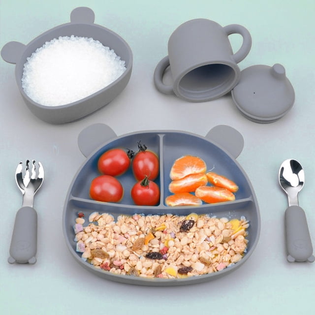 5Pcs Baby Feeding Set with Bowl/Plate/Cup/Spoon/Folk Food-Grade Silicone Baby