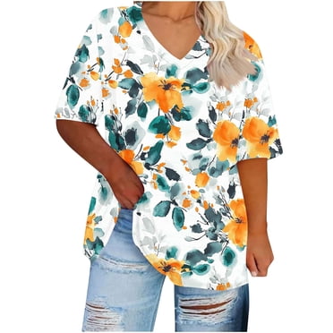 Trendy Plus Size Tops for Women Summer 2025 V Neck Casual Basic Tees Graphic Print Shirts 1X-5X Loose Fit Tshirts (5XL, Blue)