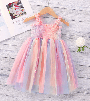 Faithtur Little Girls Suspender Dress, Rainbow Color Mesh Slip Princess Skirt