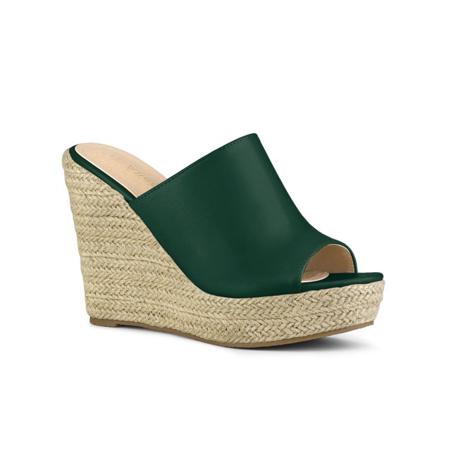 BLISSFUL STEP Chaussures pour Femmes Talon Compensé Bout Ouvert Espadrilles Mules à Plateforme Vert Foncé 7
