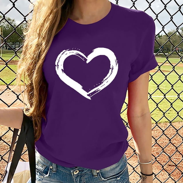 EGNMCR T-Shirts pour Femmes Femmes Manches Courtes Col Rond Imprimé en Forme de Cœur Hauts Décontractés Blouse T-shirt