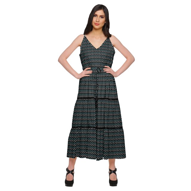 Moomaya Robe Longue Maxi pour Femmes en Coton Imprimé à Bretelles Spaghetti et Col en V