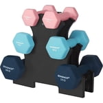 SONGMICS Ensemble de dumbbells Hex avec support - 2 x 1 kg, 2 x 2 kg, 2 x 3 kg, Finition Neoprène Matte, Poids de main pour l'exercice à domicile, Rose, Aqua et Bleu