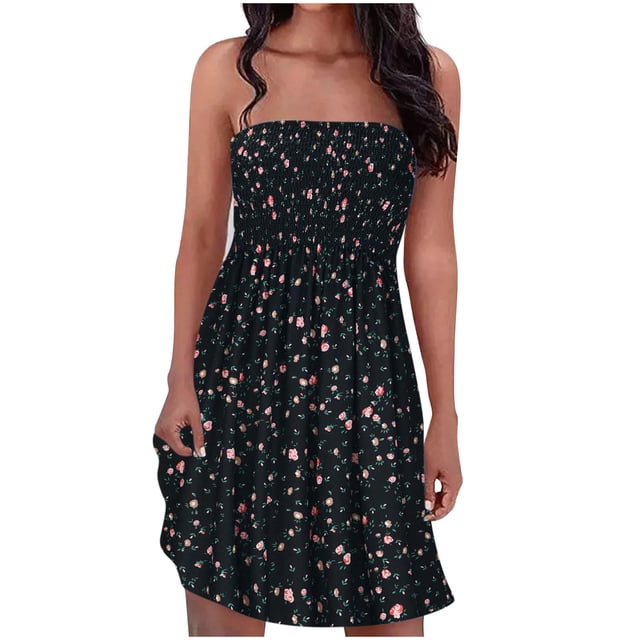 Pompotops Robe Sans Bretelles à Bande Élastique Style Bohème pour Femme Robes Robe Sans Manches à Imprimé Floral