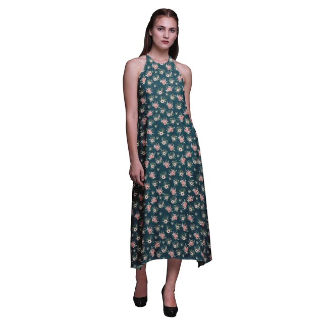 Bimba Robe de Plage d'Été pour Femmes à Imprimé Floral, Dos Nu, Col Licou - Grande