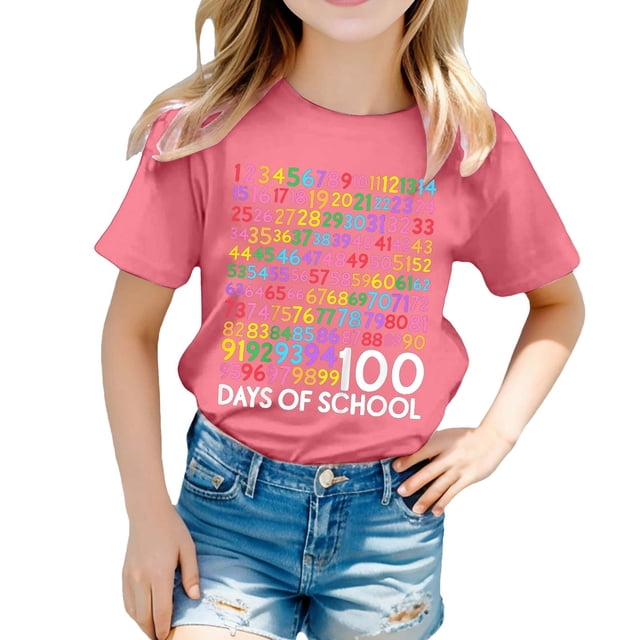 PMVFHDE T-Shirts Fille T-Shirt Décontracté Imprimé à Col Rond à Manches Courtes T-Shirt Chemise Décontractée Rose,8-9 Ans
