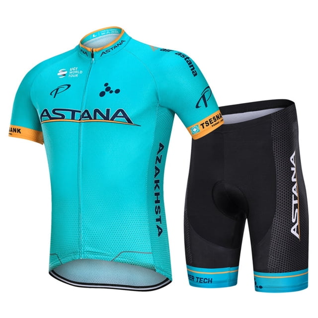 Men's Cycling Jersey Breathable Full-Zipper 3D-Padded Short Set featuring a turquoise short-sleeve jersey with black compression shorts. The jersey includes a full-length zipper, rear pockets for storage, and reflective strips for night visibility. The shorts feature 9D gel padding for comfort, shock absorption, and ergonomic support. Designed for moisture-wicking, quick-drying performance, and optimal muscle compression, ideal for cycling enthusiasts.