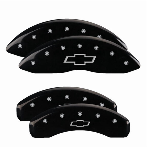 Fits 2020-2024 Chevrolet Traverse MGP Caliper Cover Caliper Cover 14257SBOWBK Set of 4; Silver Chevy Bowtie Logo; Powder Coated; Black; Aluminum