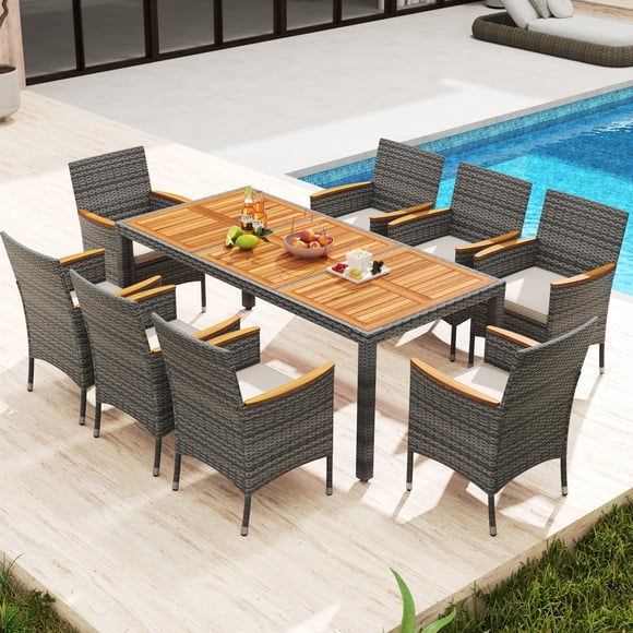 Costway Ensemble de Salle à Manger de Patio en Rotin 9 Pcs Gris Mixte Table en Bois d'Acacia Chaise Rembourrée