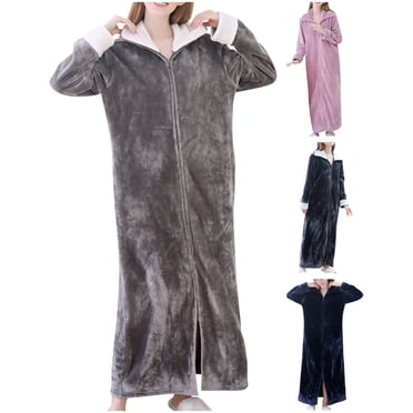 Offres de Noël 2023!Peignoirs pour Femmes à Fermeture Éclair en Molleton,Peignoirs pour Femmes Grande Taille Longueur Longue Fermeture Éclair devant,Robe de Détente Manches 3/4 Longueur Complète Vêtement de Nuit Poches Robe de Chambre Nuisette