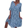 thumbnail image 2 of Meichang Robes Midi Bohèmes pour Femmes Robe Plissée à Imprimé Floral Ourlet Fluide Robe Décontractée Mode Fendue Col en V Robes de Plage Amples Ajustées à Volants Manches Courtes Robe d'Été, 2 of 6