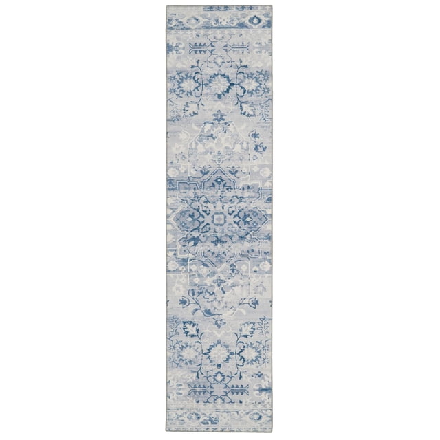 Harris 2' x 8' washable runner rug in grey and ivory featuring an antique-inspired distressed pattern with blue and grey tones, made of stain-resistant 100% polyester with nonslip rubber backing, ideal for kitchens, hallways, or laundry rooms and easy to machine wash.