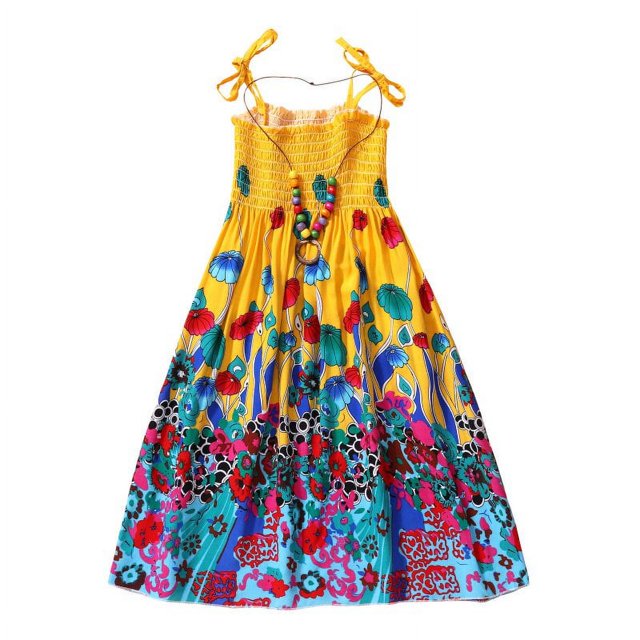 Robe d'Été Filles Robe de Fleurs Enfants Fille Belle Robe Bohème Plage Robes de Coton Sans Manches Arc-en-Ciel Robe de Soleil avec Collier 2-10 Ans
