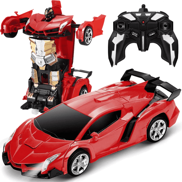 Anpro Voiture Jouet RC Transformable, Voiture Robot Télécommandée 2,4 GHz Transformable, Échelle 1:18, Voiture de Course à Déformation à un Bouton pour Garçons et Filles de 4 à 12 Ans, Rouge