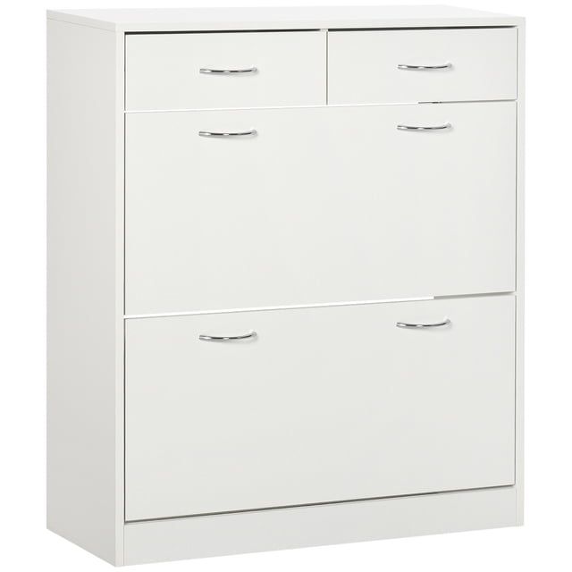 HOMCOM Armoire à Chaussures d'Entrée avec 2 Tiroirs Basculants pour 12 Paires de Chaussures. une Unité de Rangement Compacte Blanche au design Épuré, Comprenant Deux Tiroirs Basculants pour jusqu'à 12 Paires de Chaussures et Deux Tiroirs Coulissants pour un Rangement Supplémentaire. Fabriquée en Panneau de Particules avec Revêtement en Mélamine pour un Nettoyage Facile. Comprend des Tablettes Ajustables pour Accueillir Différentes Hauteurs de Chaussures et un Dispositif Anti-Basculement pour la Sécurité. Dimensions : 31,5 Pouces de Large, 11,8 Pouces de Profondeur et 36 Pouces de Hauteur.