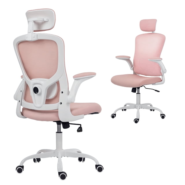 HOMCOM ergonomic office chair in pink with 4D lumbar support, featuring a breathable mesh backrest, adjustable headrest, and flip-up armrests. The chair includes a 360° swivel base with PU wheels, adjustable seat height, and tilt function. Designed with a white steel frame and a space-saving design, suitable for office or dorm use.