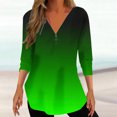 thumbnail image 2 of Penkiiy Chemises à Demi-Fermeture Éclair pour Femmes Dégradé Imprimé Col en V Chemise Manches 3/4 Roulables Tuniques Décontractées Tendance S Vert, 2 of 5