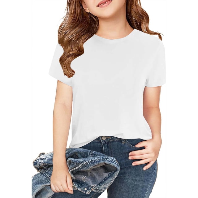 Plebaso Lot de 2 T-Shirts pour Enfants en Coton à Manches Courtes T-Shirts Basiques Décontractés à Col Rond T-Shirts Unis pour Garçons Filles