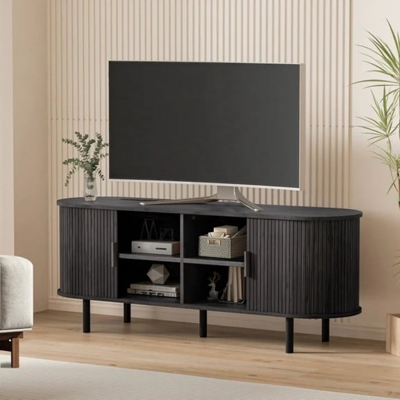MARNUR 55" TV Stand for 60" TV, Wood Entertainment Center with Storage and Shelves, 2 Sliding Tambour Doors, Mid-Century Modern, Black