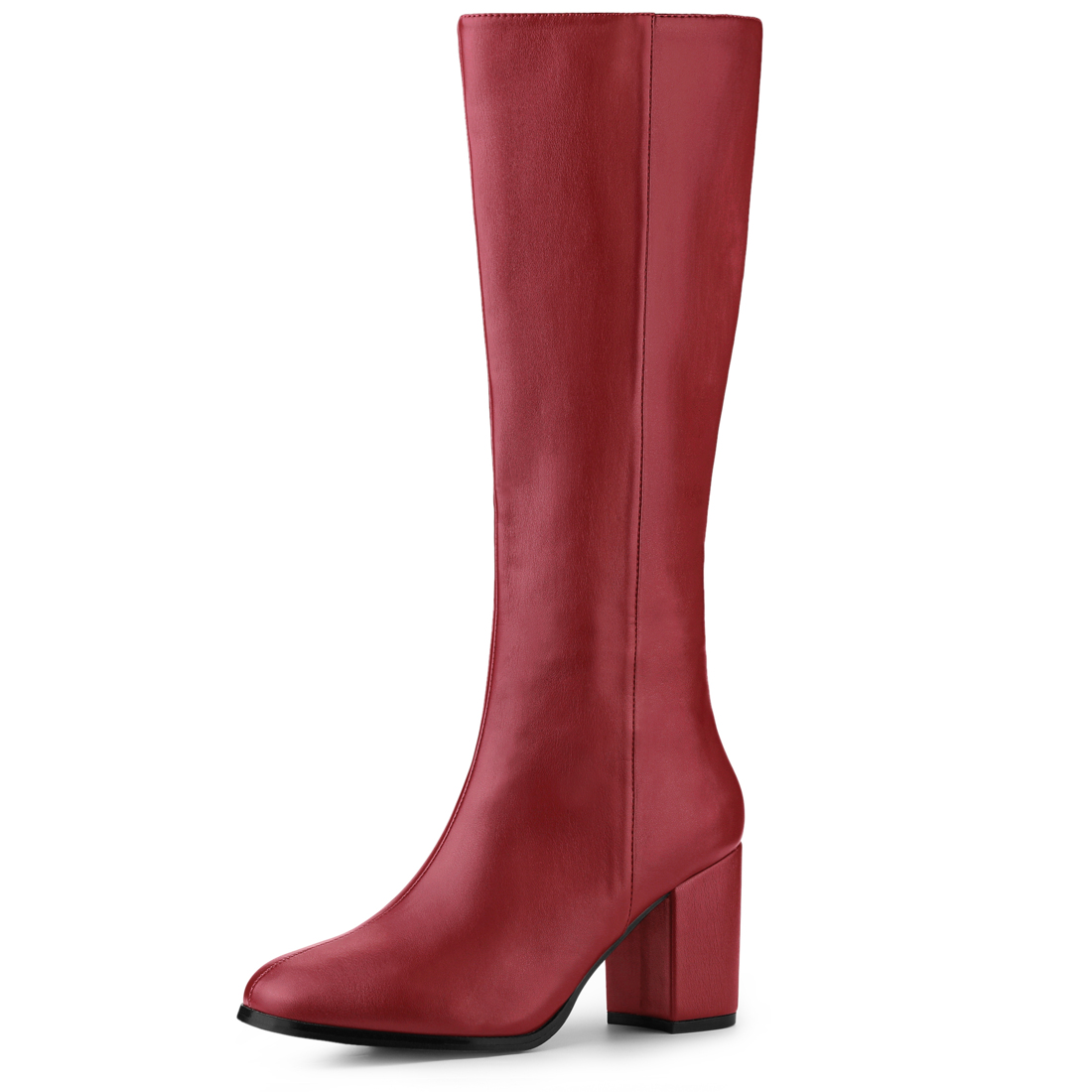 Unique Bargains Women's Round Toe Zip Knee High Block Heels Boots Red 7 M US