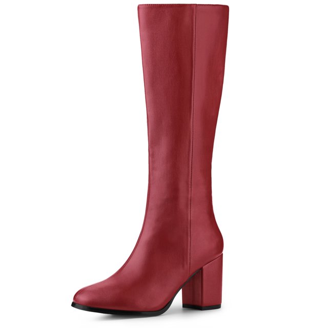 Unique Bargains Bottes à Talons Blocs Hauteur Genou à Bout Rond à Fermeture Éclair pour Femme Rouge 6 M US