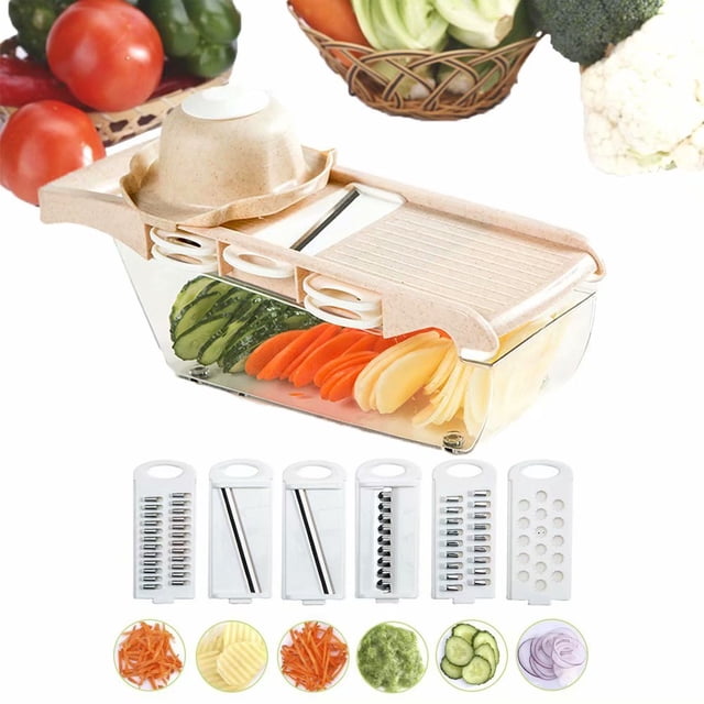 Mandoline Trancheuse Réglable Déchiqueteuse de Légumes Professionnelle Mandoline Trancheuse pour Cubes Hachoir Portatif pour Aliments pour Bébé avec 6 Lames Interchangeables Protège-Mains pour la Cuisine