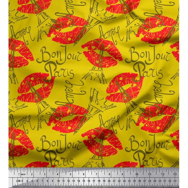 Soimoi Yellow Rayon Fabric Text,Eiffel Tower & Lips Women Decor Fabric Printed Yard 56 Inch Wide
