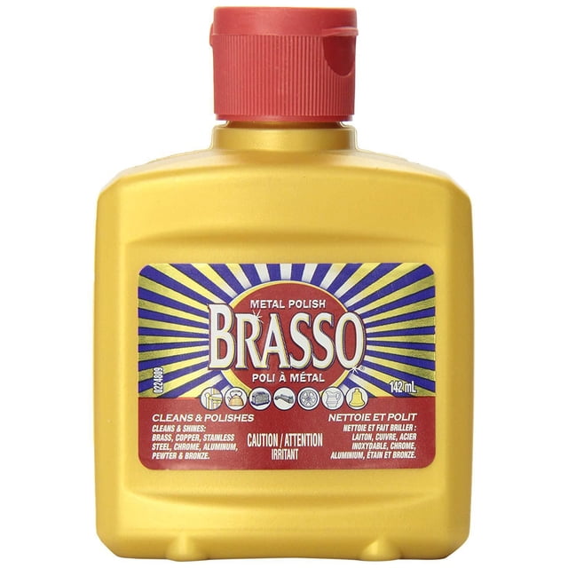 Brasso Metal Polish 623 g. Front-facing can; multi-purpose metal polish for brass, copper, stainless steel, chrome, aluminum, pewter and bronze that cleans, polishes and protects, leaves a smooth polished surface and brilliant shine, contains low levels of abrasives and will not scratch fine metal, suitable for restoring tarnished brass fixtures.
