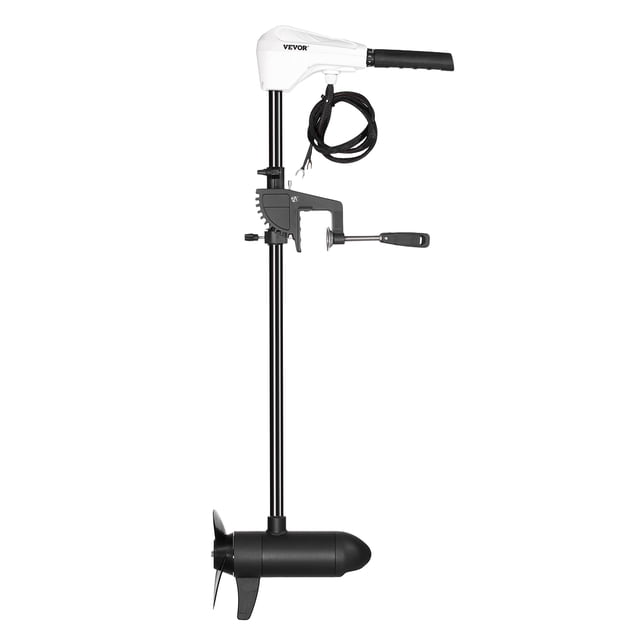 VEVOR 55lb 12V Thrust Electric Trolling Motor Saltwater Trolling Boat Engine for Kayak, featuring an electric propulsion system with manual control rotating handle, adjustable aluminum alloy shaft, and a 3-blade weedless propeller for auxiliary power. Suitable for saltwater and freshwater use with kayaks, canoes, and fishing boats.